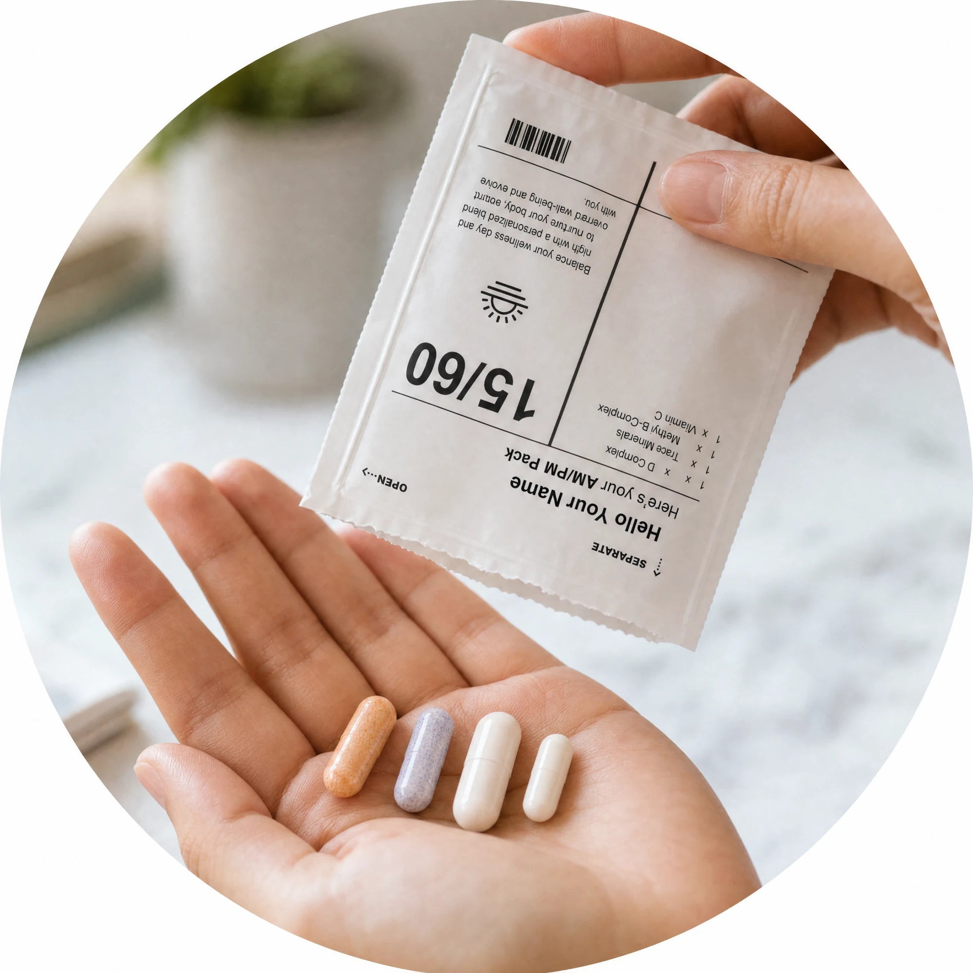 Customer holding an Omiro AM/PM packet